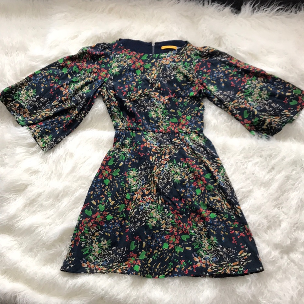 ALICE + OLIVIA BLUE SILK BLEND BOHO FLORAL DRESS